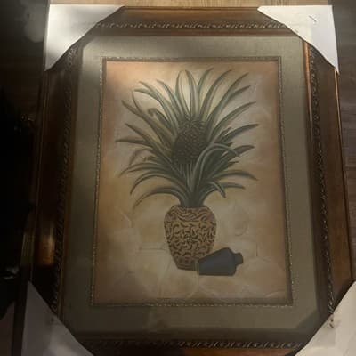 Large Pineapple Plant Frame With Beige Background An Wood And Gold Frame 32”x27” - Image 1