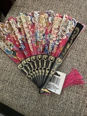 NWT Foldable Folding Hand Held Fan Pink Black Floral Glitter Fabric - Image 1