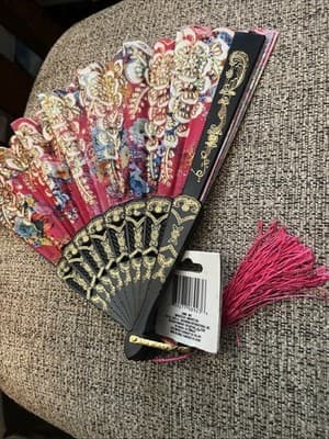 NWT Foldable Folding Hand Held Fan Pink Black Floral Glitter Fabric - Thumbnail 2