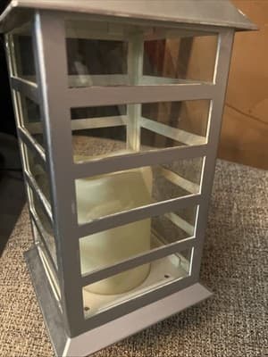 Silver Lantern With Battery Operated Candle 12” Tall With Carry Ring 15” Tall - Thumbnail 4