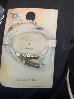 Time And Tru Beaded Bracelet That Reads Grow And Thrive 3 White And Gold Bands - Image 1