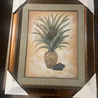 Large Pineapple Plant Frame With Beige Background An Wood And Gold Frame 32”x27” - Thumbnail 2