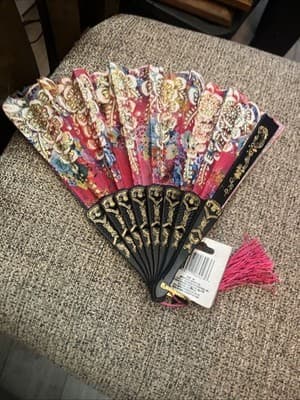 NWT Foldable Folding Hand Held Fan Pink Black Floral Glitter Fabric - Thumbnail 3