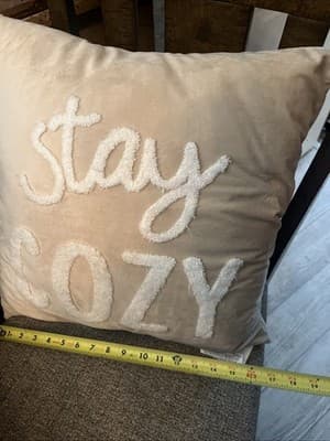 16” X16” Decorative Patio Pillow Beige With White Furry Stay Cozy Text - Thumbnail 2