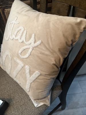 16” X16” Decorative Patio Pillow Beige With White Furry Stay Cozy Text - Thumbnail 3