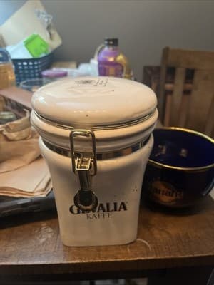 Gevalia Kaffe Canister Storage Jar White Ceramic Hinge Lock Closure Logo 7.5" - Image 1