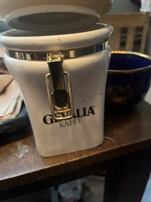 Gevalia Kaffe Canister Storage Jar White Ceramic Hinge Lock Closure Logo 7.5" - Thumbnail 3