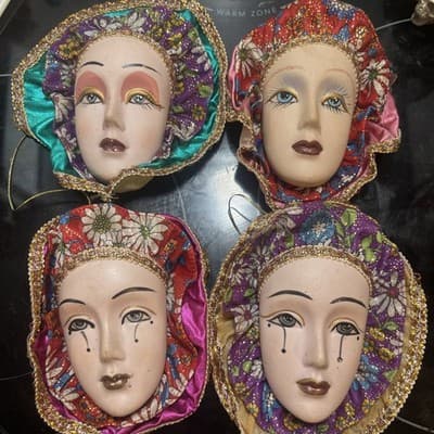 4 Mardi Gras Ceramic Heads Wall Hangers Vintage And Handmade - Image 1