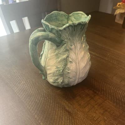 Cabbage Leaves Metallica Style Pitcher Jug Green Ceramic Lettuce Design 7” - Image 1