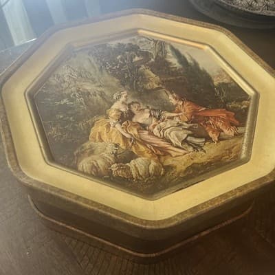 Vintage Octagonal Tin with Pastoral Scene Lid - Image 1
