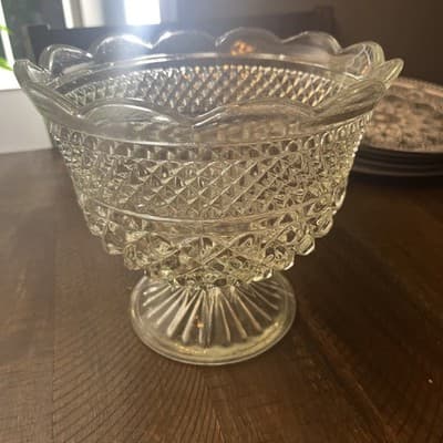 Vintage Clear Glass Patterned Dish on Pedestal Scalloped Edging - Image 1