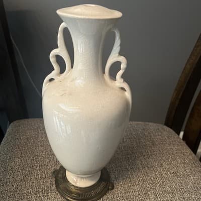 Elegant White Ceramic Vase with Ornate Handles - Image 1