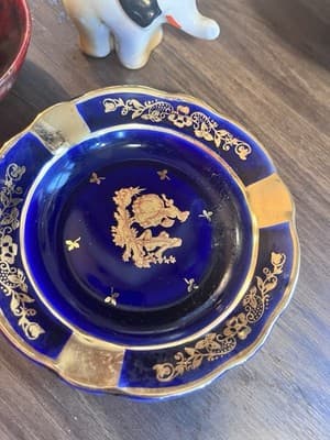 Vintage Cobalt Blue Glass Plate with Gold Floral Design - Image 1