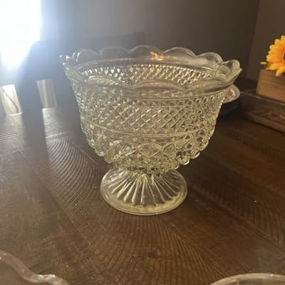 Vintage Clear Glass Patterned Dish on Pedestal Scalloped Edging - Thumbnail 2