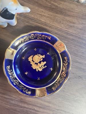 Vintage Cobalt Blue Glass Plate with Gold Floral Design - Thumbnail 2