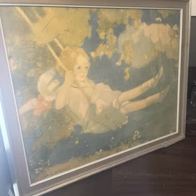Vintage Girl In Swing Artwork in Silver Frame Artist Albert Hencke - Image 1