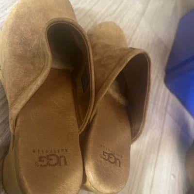 UGG Clogs Camel Brown Suede Stud Wood Sole Wedge Mule Slip On 7 - Thumbnail 5