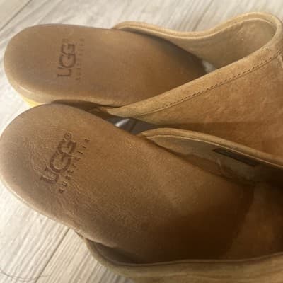 UGG Clogs Camel Brown Suede Stud Wood Sole Wedge Mule Slip On 7 - Thumbnail 2
