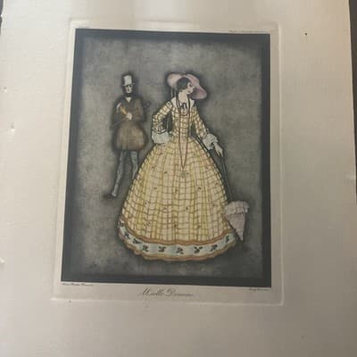 Hand-Printed Copyright Miselle Demure Art Print Victorian Couple Illustration - Image 1