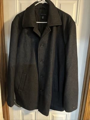 Large charcoal Gray Button Up Coat By Tommy Hilfigure -polyester - Image 1