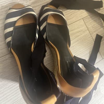 Ann Taylor Striped Peep Toe Wedges with Ribbon Tie - Image 1