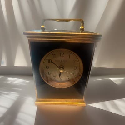 Howard Miller Carriage Style Desk Clock Gold Black Metal Quartz Analog Vintage - Image 1