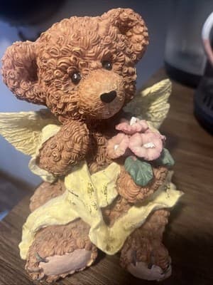 Angel Wings Teddy Bear Resin Figurine With Flowers 5 1/2” - Image 1