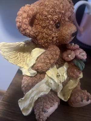 Angel Wings Teddy Bear Resin Figurine With Flowers 5 1/2” - Thumbnail 2
