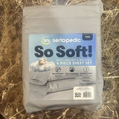 Serta Sertapedic 4pc Twin Sheet Pillowcase Set Soft Gray Deep Pocket Boxer Hem - Image 1