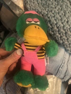 Nanco Duck in Nylon Overalls & Yellow Striped Shirt Plush Vintage - Image 1