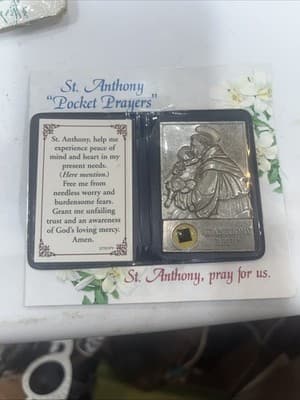 St Saint Anthony relic plaque pocket prayer shrine medal on card patron - Image 1