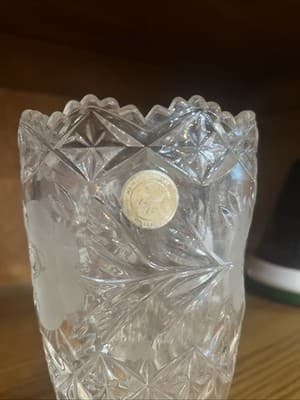 Glass Vase Etched Rose Flowers Diamond Points 7" 24% Lead Crystal Made In German - Thumbnail 4