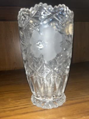 Glass Vase Etched Rose Flowers Diamond Points 7" 24% Lead Crystal Made In German - Image 1