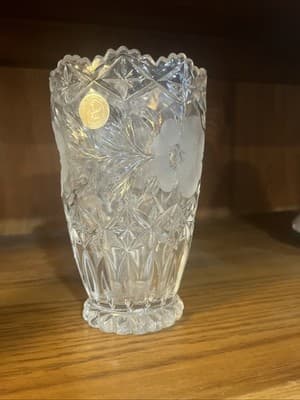 Glass Vase Etched Rose Flowers Diamond Points 7" 24% Lead Crystal Made In German - Thumbnail 5