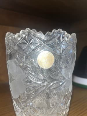 Glass Vase Etched Rose Flowers Diamond Points 7" 24% Lead Crystal Made In German - Thumbnail 3