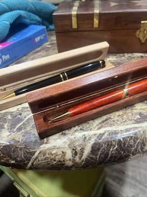 2 Vintage Rosewood Ballpoint Pens With Wooden Cases Beautiful Grain - Image 1