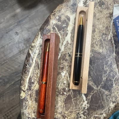 2 Vintage Rosewood Ballpoint Pens With Wooden Cases Beautiful Grain - Thumbnail 2