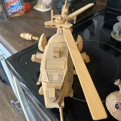 Vintage Military Helicopter Wooden Model 20 Inch Lightly Stained Adjustable Gun - Image 1