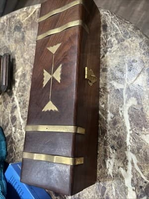 Wood & Inlaid with Brass Keepsake Trinket Box Made in India 10”x 3"x 2 3/8” NEW - Image 1