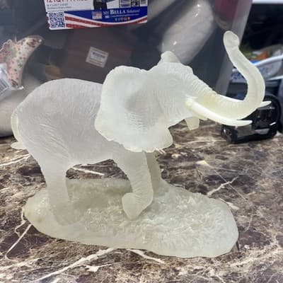 frosted glass elephant sculpture With White Tusks 10” Long 8” Tall And 4” Wide - Thumbnail 2