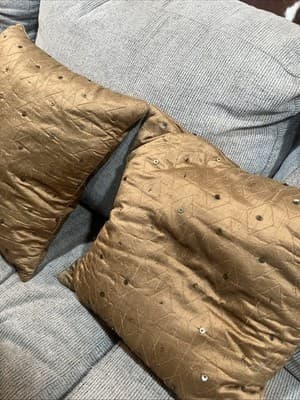 Set Of Two Gold Decorative Pillows With Diamond Pattern And Sequence 15”x15” - Thumbnail 3