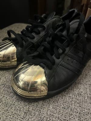 Size 7-adidas Superstar Metal Toe Black Gold Metallic W - Image 1