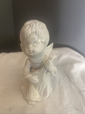 Porcelain Glossy Angel Wirh Harp And Wings Painted White Christmas Decor - Image 1