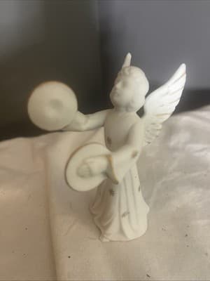 White Porcelain Bisque Angel Playing Cymbals with Gold Accents ~ Unmarked - Image 1