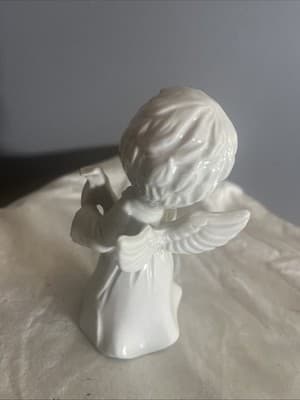 Porcelain Glossy Angel Wirh Harp And Wings Painted White Christmas Decor - Thumbnail 3
