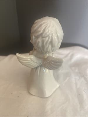 Porcelain Glossy Angel Wirh Harp And Wings Painted White Christmas Decor - Thumbnail 2