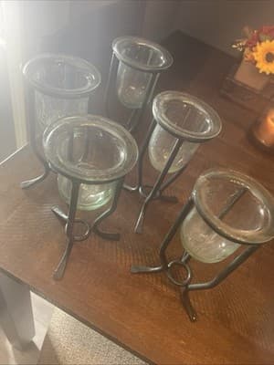 Clear Glass Votive Candle Holders with Metal Stands Set of 5 - Image 1