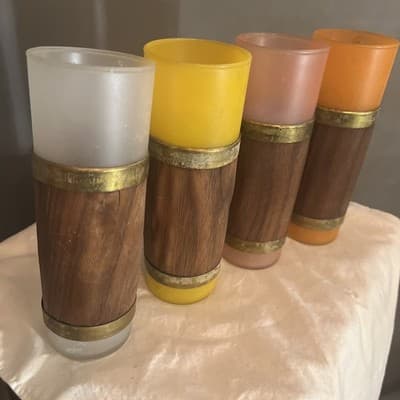 Vintage Siesta Ware Tiki Glass Set of 4 Wood Wrapped Mid Century - Thumbnail 2
