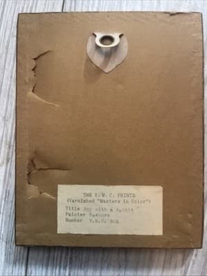 Vintage John Drescher NY Lithograph Orig Chippy Wood Frame Boy & Rabbit 1920 14" - Thumbnail 2