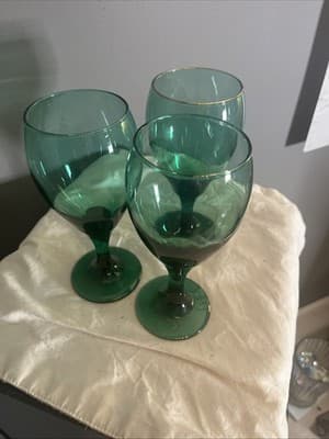 Vintage Green Glass Goblets Set of 3 - Image 1